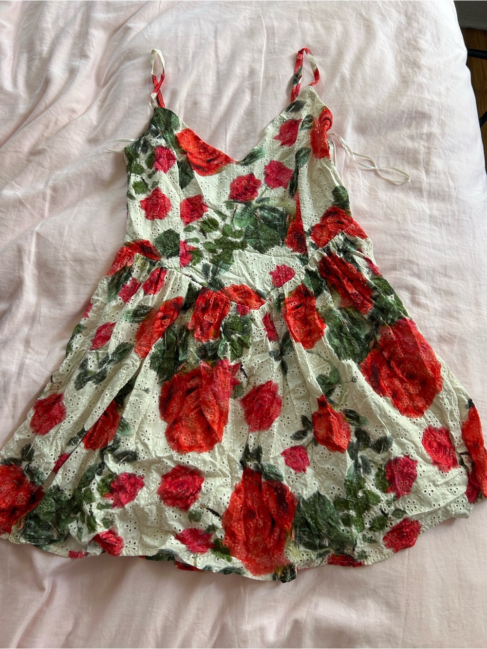 Aqua White Eyelet Sundress with Red Floral Print